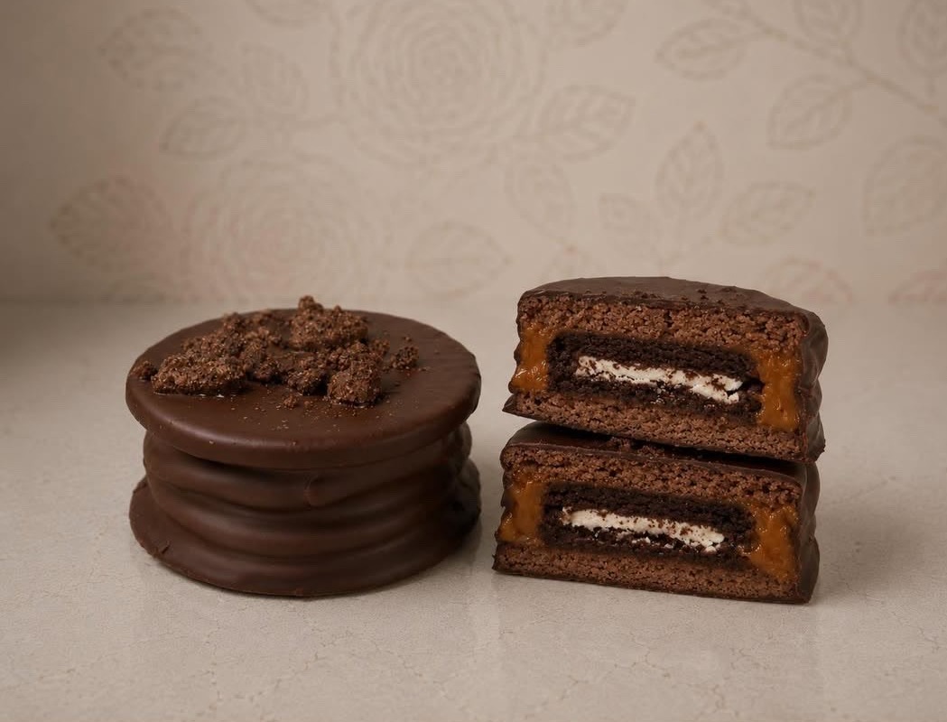 Alfajor bañado en chocolate con crumble de galleta, entero y en corte mostrando manjar y relleno de galleta — Moizlicious San Joaquín